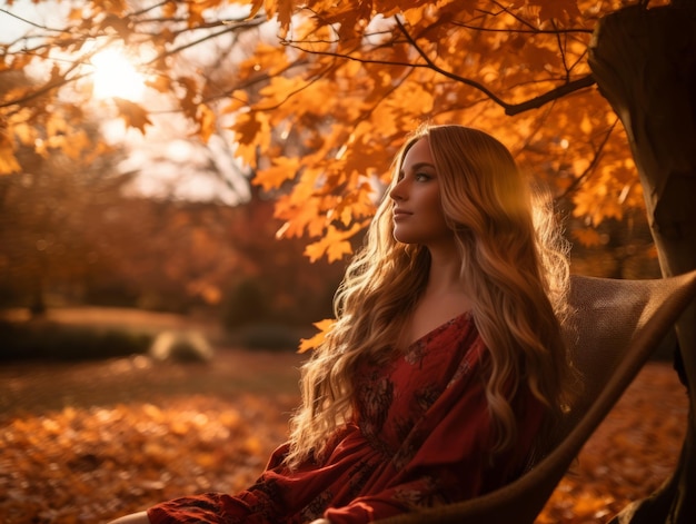 une belle femme blonde assise sur une chaise dans une forêt d'automne