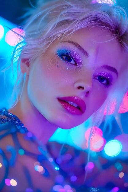 Une belle femme blonde aux yeux bleus et au maquillage au néon.