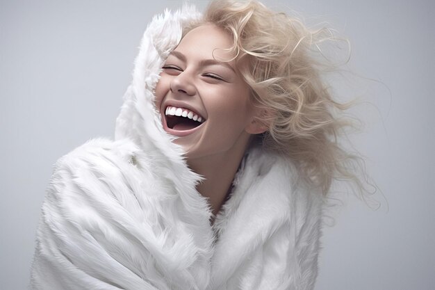 Belle femme blonde en blanc sourit