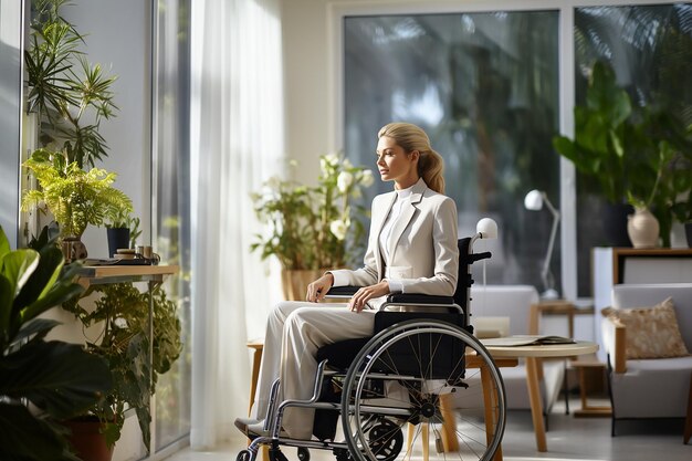 une belle femme blonde en costume d'affaires est assise sur un fauteuil roulant dans le bureau et a l'air réfléchie