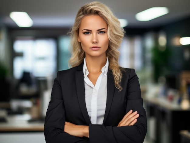 une belle femme blonde en costume debout dans un bureau