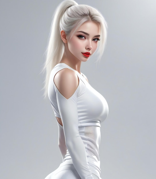 Une belle femme blonde dans une robe blanche en latex, un maquillage parfait, une photo de mode.