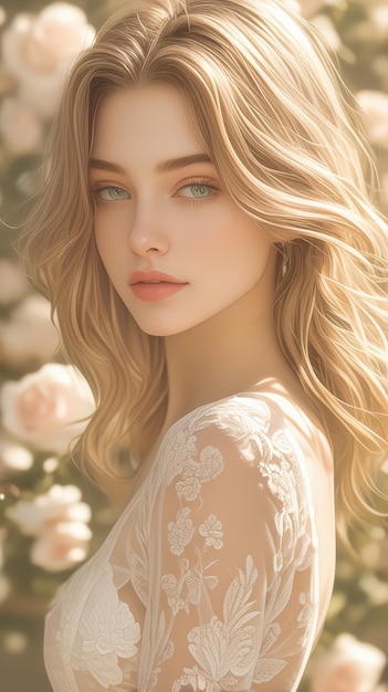 une belle femme blonde dans une robe blanche posant sur le jardin de roses