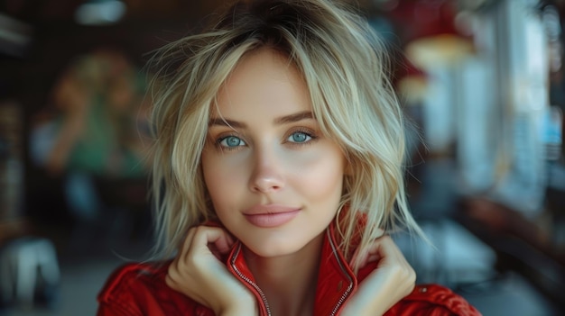 Une belle femme blonde dans une veste rouge tenant son collier et souriant avec un maquillage haut de gamme