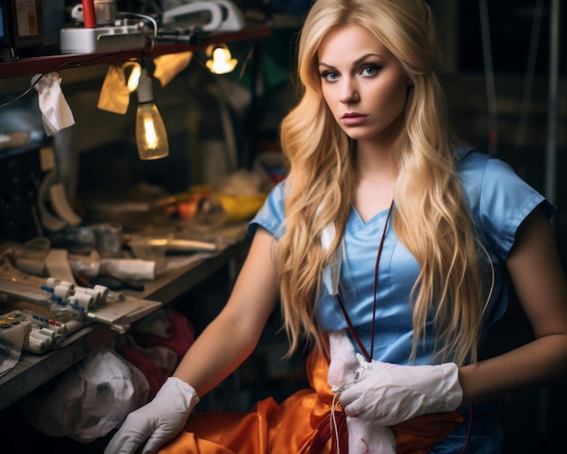 une belle femme blonde en gommages bleus assis devant une machine à coudre