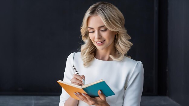 Une belle femme blonde avec une manucure élégante écrivant quelque chose dans un cahier coloré avec un sourire doux