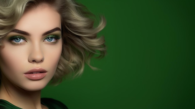 Une belle femme blonde avec un maquillage vert et une coiffure sur fond vert