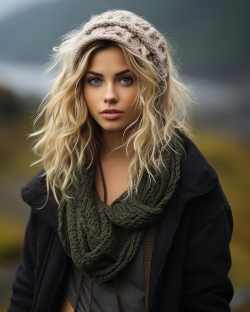 une belle femme blonde portant un chapeau et un foulard