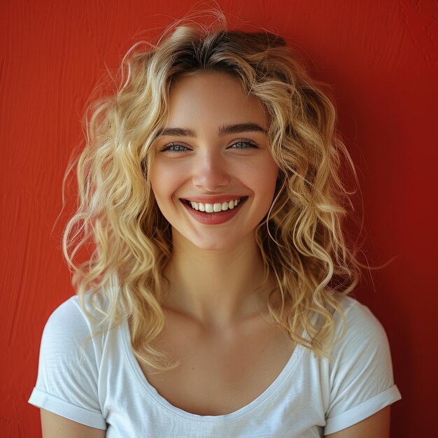 Une belle femme blonde portant un t-shirt blanc portrait photo réaliste