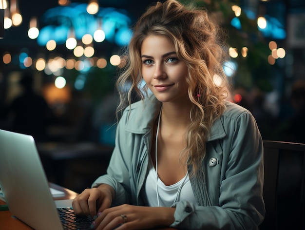 Une belle femme blonde qui travaille avec un ordinateur portable.