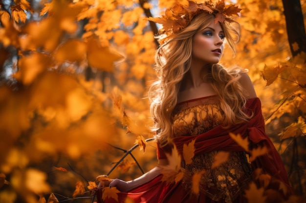 une belle femme blonde en robe rouge avec des feuilles sur la tête