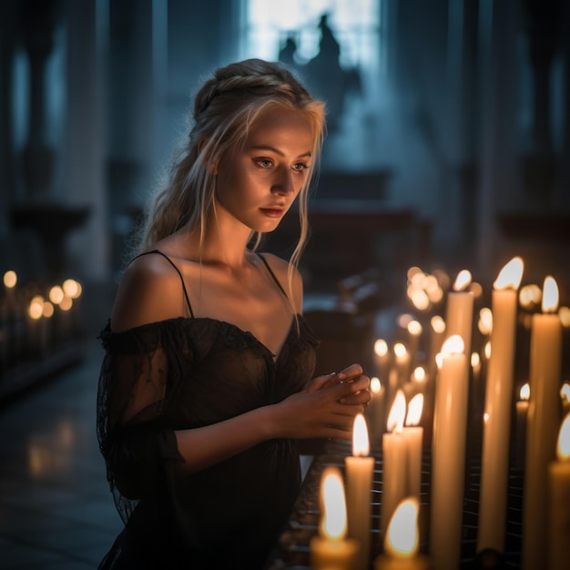 une belle femme blonde se tient devant des bougies allumées