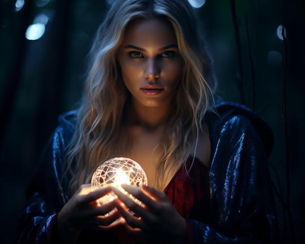 une belle femme blonde tenant un globe lumineux dans les bois