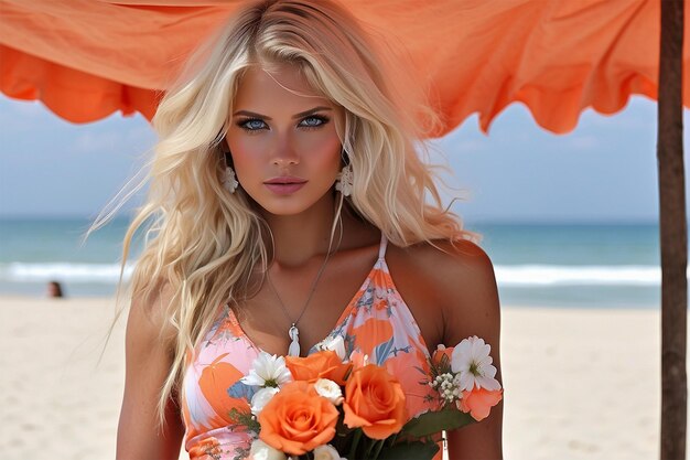 belle femme blonde yeux azules bronceade en une plage avec un vestido estampado de flores couleur