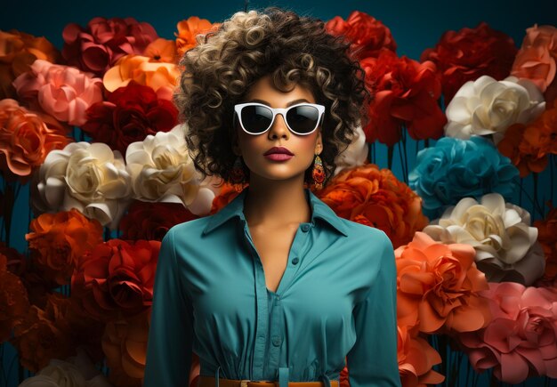 Une belle femme en blouse turquoise et lunettes de soleil