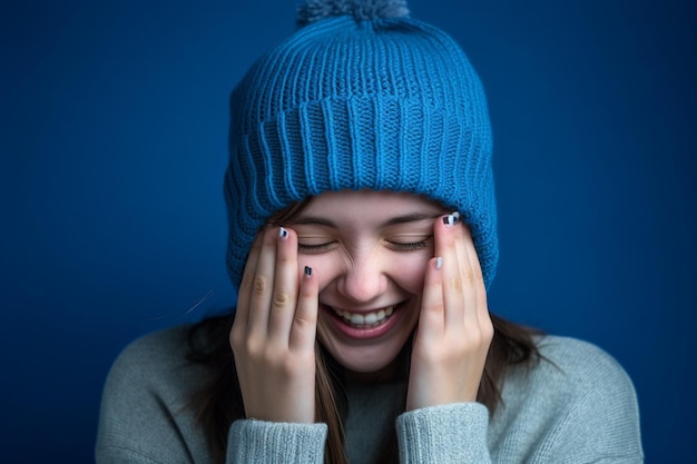 une belle femme avec un bonnet tricoté bleu rit sur fond bleu