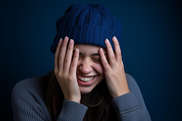 une belle femme avec un bonnet tricoté bleu rit sur fond bleu