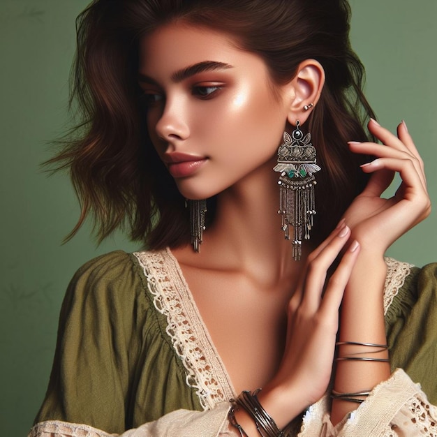 une belle femme avec des boucles d'oreilles de robe boho