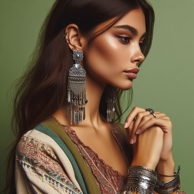 une belle femme avec des boucles d'oreilles de robe boho