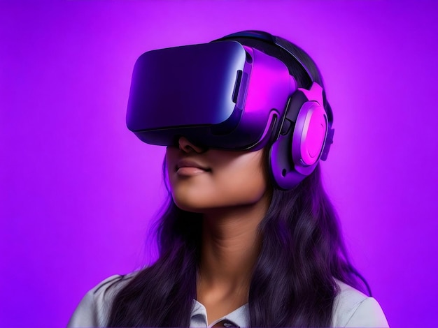 Belle femme bronzée portant un casque VR Fille dans des lunettes de réalité virtuelle