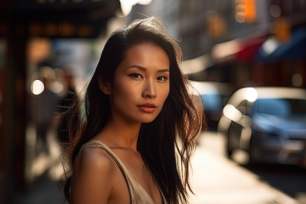 Photo une belle femme brune se tient grande et confiante, ses cheveux tombant en vagues autour de son visage