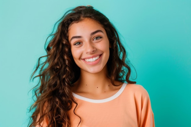 Une belle femme brune souriante heureux contre un fond vert solide