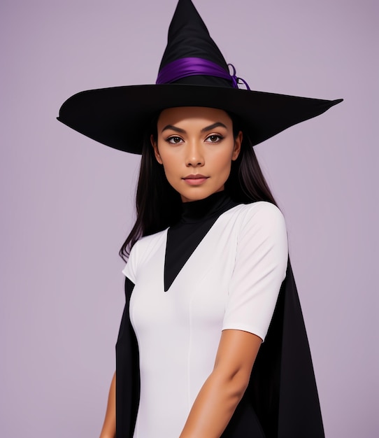 Belle femme brune vêtue d'un costume de sorcière mixte noir et blanc sur fond violet