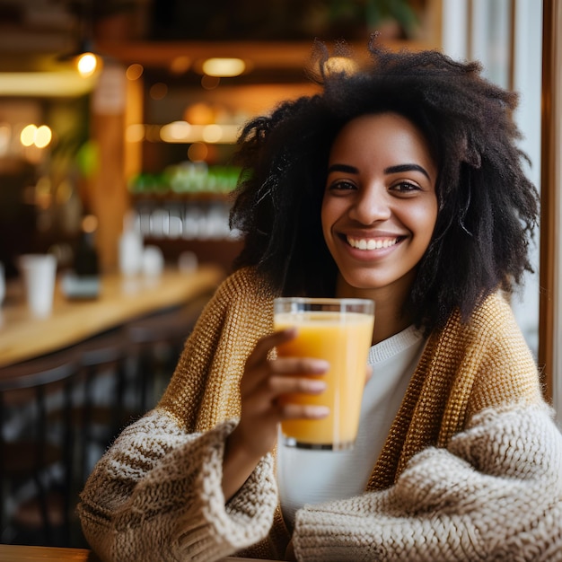 une belle femme buvant un verre de jus dans le café