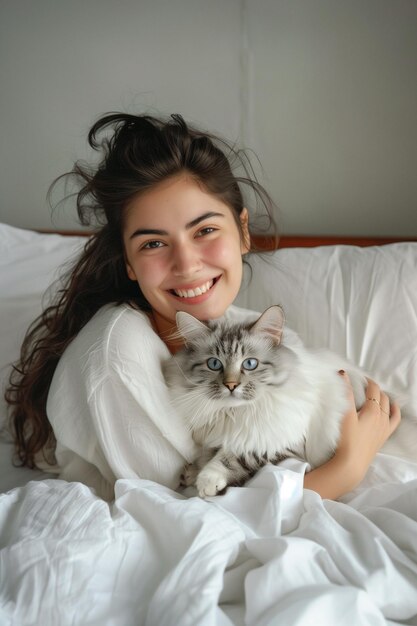 Photo une belle femme caresse un chat moelleux un matin paisible dans un lit confortable à la maison.