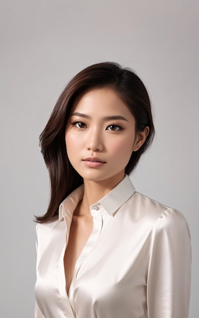 Belle femme de carrière asiatique en tenue de soirée Satin Blouse Close Up Portrait fond isolé