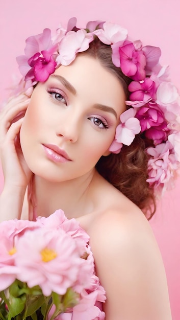 Belle femme caucasienne avec des fleurs sur fond rose