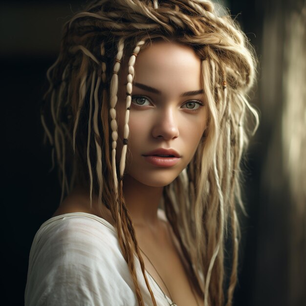 Une belle femme caucasienne en gros plan avec des dreadlocks et une peau blanche.