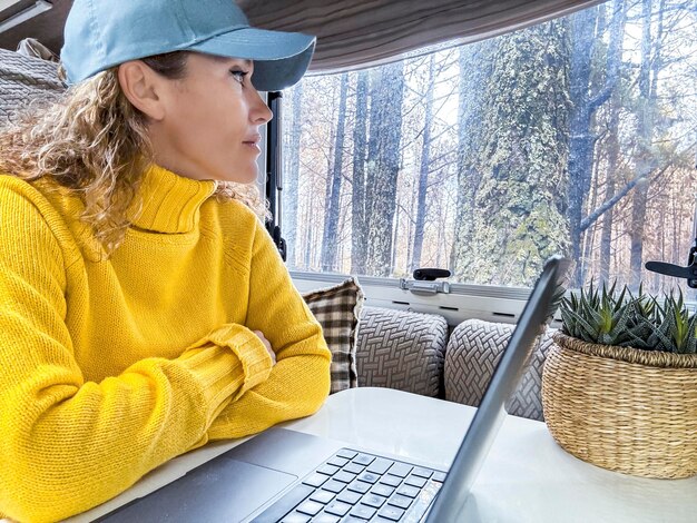 Une belle femme avec un chapeau bleu et un pull jaune regarde par la fenêtre du camping-car devant le portable.