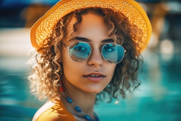 Une belle femme avec un chapeau et des lunettes de soleil apprécie ses vacances d'été à la piscine.