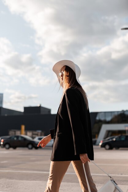 Belle femme avec un chapeau et des lunettes de soleil dans une veste noire se promène dans la ville au coucher du soleil