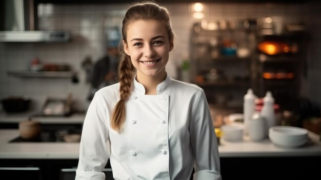 Photo belle femme chef travaillant dans une cuisine dans un restaurant