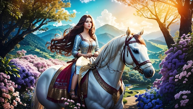 Belle femme à cheval à l'intérieur du paradis