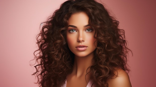 belle femme cheveux style écran lumineux beauté fond rose généré par l'IA