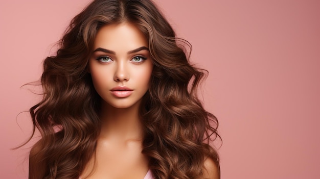 belle femme cheveux style écran lumineux beauté fond rose généré par l'IA