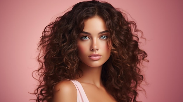 belle femme cheveux style écran lumineux beauté fond rose généré par l'IA