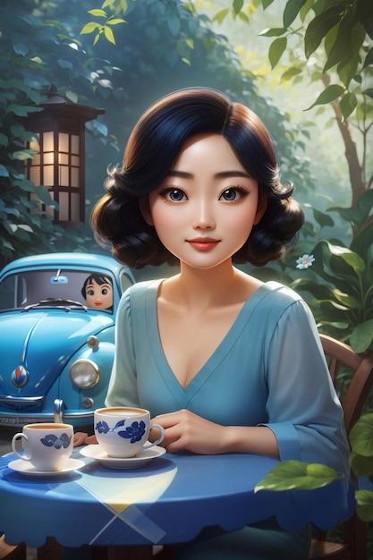 Une belle femme chinoise beA dégustant une tasse de café dans un jardin boisé Joli fusca bleu avec des yeux