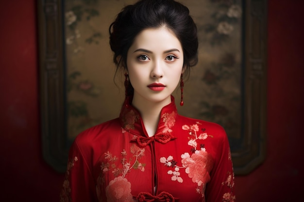 belle femme chinoise portant un cheongsa rouge générative ai