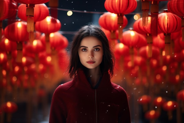 Photo belle femme chinoise prendre une photo avec des lanternes chinoises rouges au festival des lanternes chinoises fond de style bokeh
