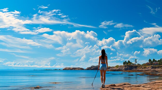 Photo belle femme avec un ciel bleu et des nuages sur la plage