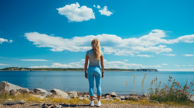 Photo belle femme avec un ciel bleu et des nuages sur la plage