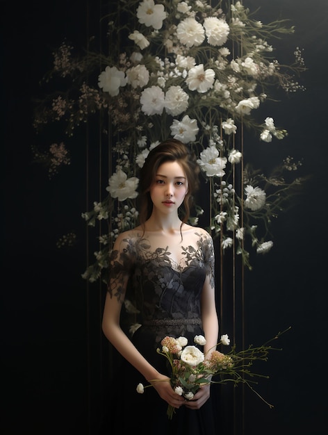 Une belle femme classique se tient devant des fleurs.