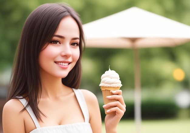 Une belle femme avec un cône de crème glacée par une journée d'été ensoleillée AI générative
