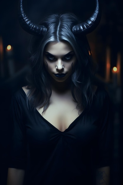 une belle femme avec des cornes de diable des yeux démoniaques portant un costume d'Halloween fond de maison hantée