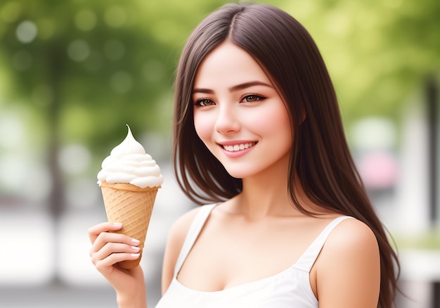 Belle femme avec un cornet de crème glacée par une journée d'été ensoleillée Generative AI