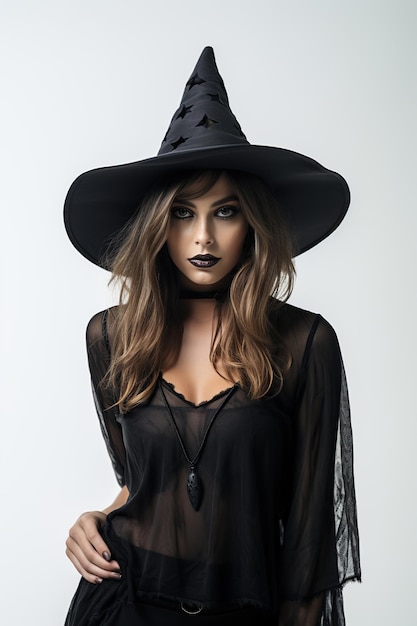 Belle femme en costume d'Halloween de sorcière noire sur fond blanc